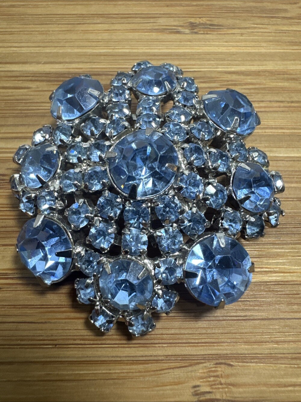 Vintage Blue Rhinestone Cluster Brooch Pin 2” Silver Tone Sparkling Floral